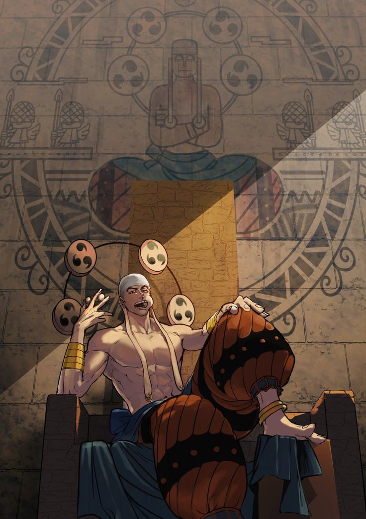 an image of a man sitting in front of a wall with skulls and other items on it