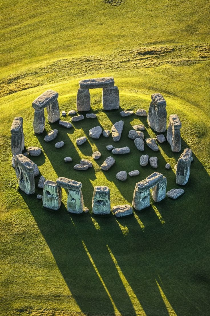 an aerial view of stonehenge in the middle of a green field with long shadows