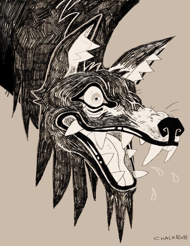 a black and white drawing of a wolf's head with an angry look on its face