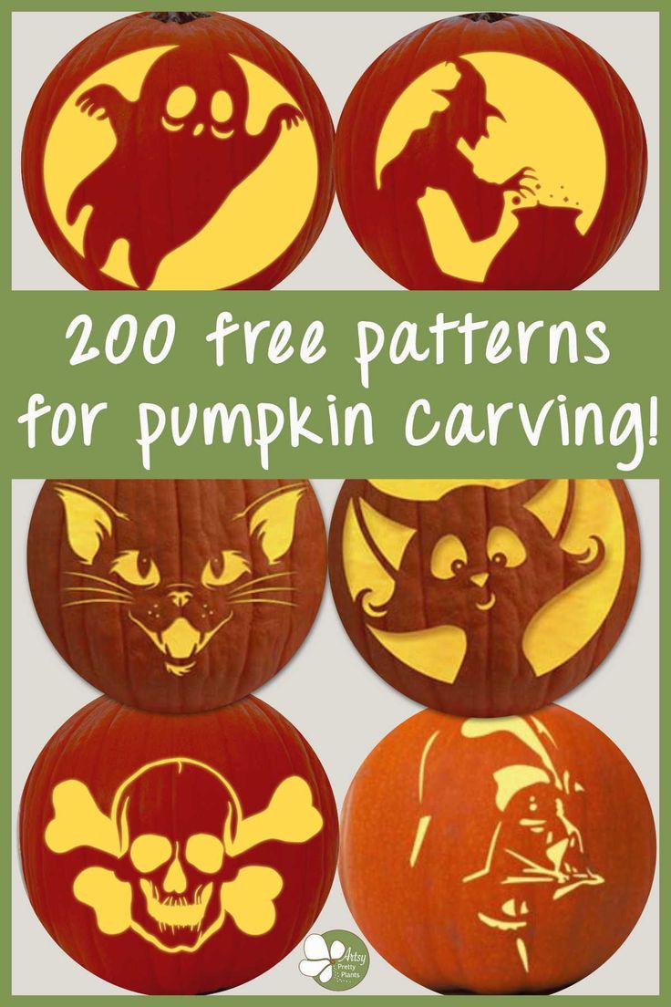 four pumpkins with different designs on them and the words, 200 free patterns for pumpkin carving