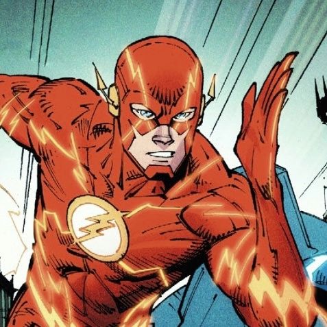 the flash is in action with his arm outstretched