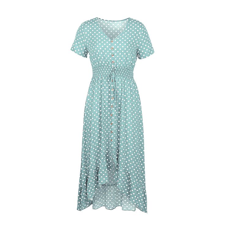 Aquamarine Polka Dot High Low Maxi Dress Short Sleeve Polka Dot Maxi Dress For Beach, Polka Dot Short Sleeve Dress For Vacation, Polka Dot Short Sleeve Beach Dress, Casual Polka Dot Midi Dress For Beach, Casual Polka Dot Short Sleeve Maxi Dress, Casual Polka Dot Maxi Dress With Short Sleeves, Polka Dot Midi Dress With Short Sleeves For Vacation, Polka Dot Midi Beach Dress, Polka Dot Midi Maxi Dress For Beach