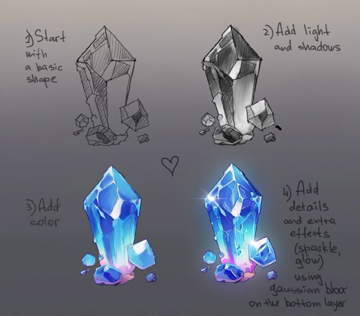 three different types of crystals are shown in this drawing lesson for beginners to learn how to draw them