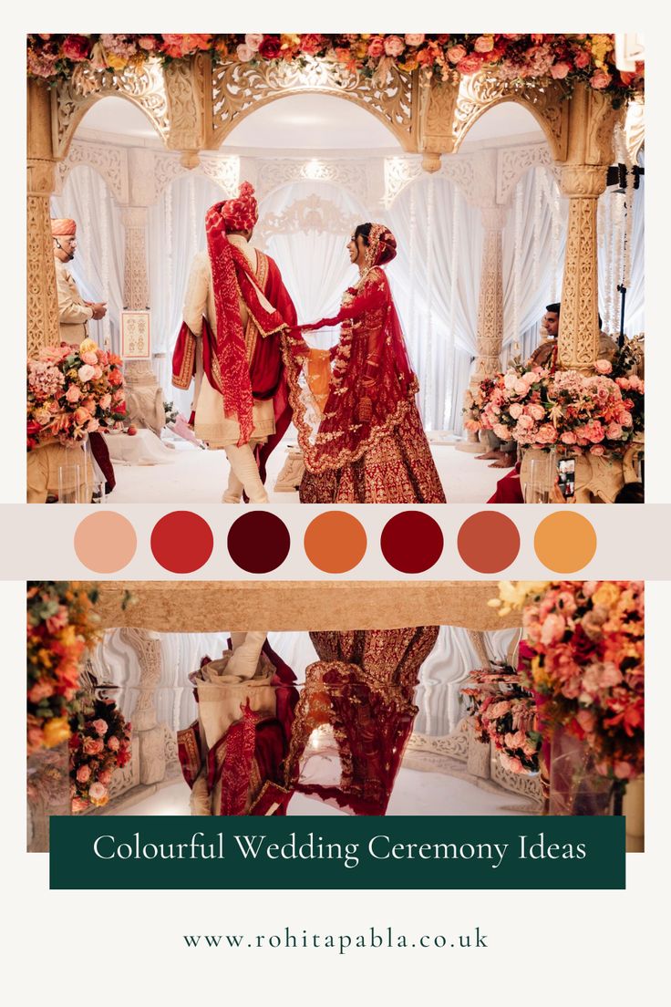 colourful wedding ceremony colour palette Modern Romantic Wedding Color Palettes, Bengali Wedding Venue Decoration, Red And Orange Color Scheme, Indian Wedding Color Schemes Red, Wedding Color Schemes Indian, Indoor Wedding Theme, Red Peach Wedding, Red And Peach Wedding, Indian Wedding Color Schemes