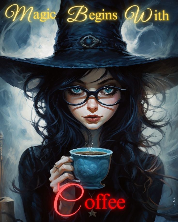 a woman wearing a witches hat and holding a coffee cup with the words, magic begins with