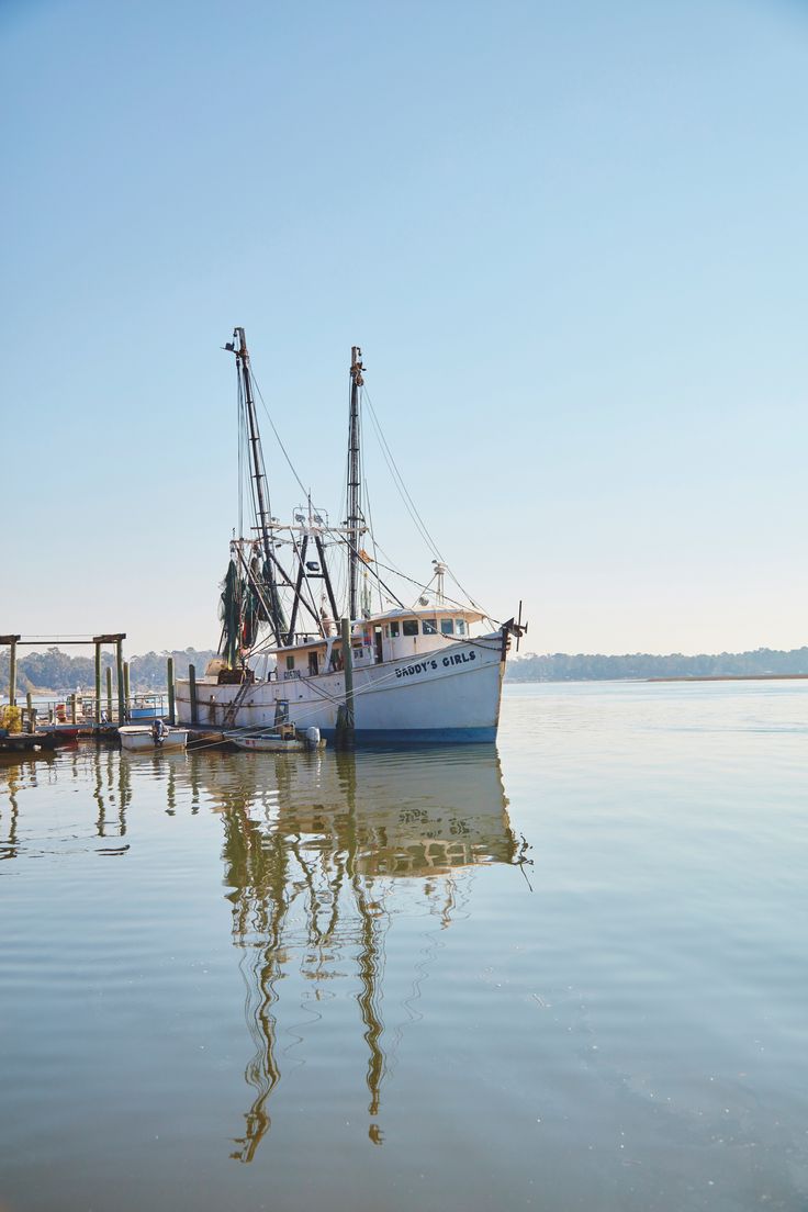 a fishing boat docked at a pier on the water