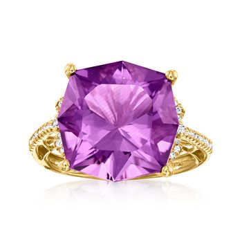 Ross-Simons - 8.50ct Amethyst, .13ct t. w. Diamond Ring in 14kt Yellow Gold. Size 8. Your new party trick awaits! This opulent 8.50 carat octagonal amethyst ring will make heads turn and jaws drop the very moment you enter a room. Glittery .13 ct. t. w. round brilliant-cut diamonds adorn the 14kt yellow gold band for an essential dose of sparkle. 1/2" wide. Diamond and amethyst ring. Amethyst birthstones are the perfect gift for February birthdays. Amethyst Birthstone, February Birthday, Amethyst And Diamond Ring, Party Hacks, Amethyst Ring, Round Brilliant Cut Diamond, Gold Bands, Diamond Ring, Sparkle