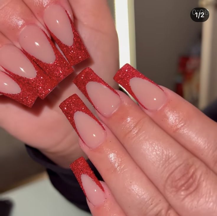 Maroon And Gold Nails Coffin, Cute Red Sparkly Nails, Red And White Nails For Prom, Prom Nails Red French Tip, Red Nails Acrylic With Glitter, Long Square Acrylic Nails Red Glitter, Red Tip Glitter Nails, Short Red Nails Design Sparkle, Red Nails Acrylic Ombre