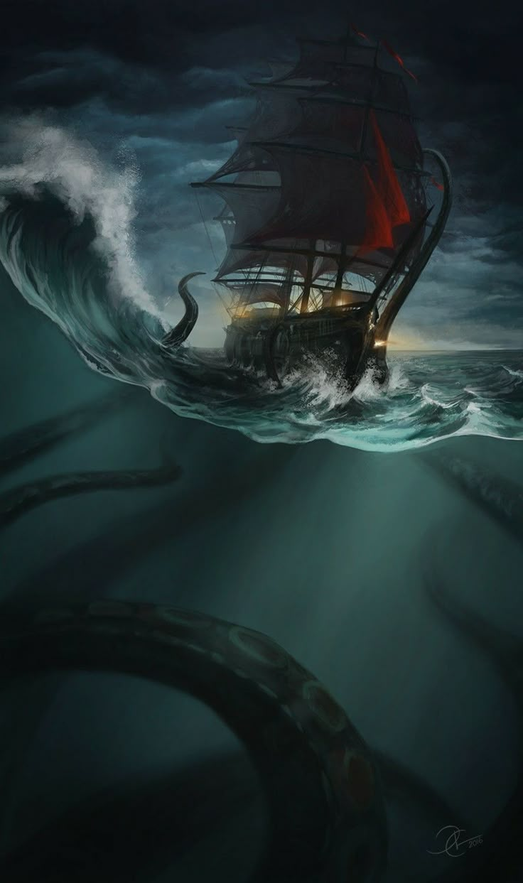 an image of a ship in the ocean with tentacles coming out of it and another boat on the water