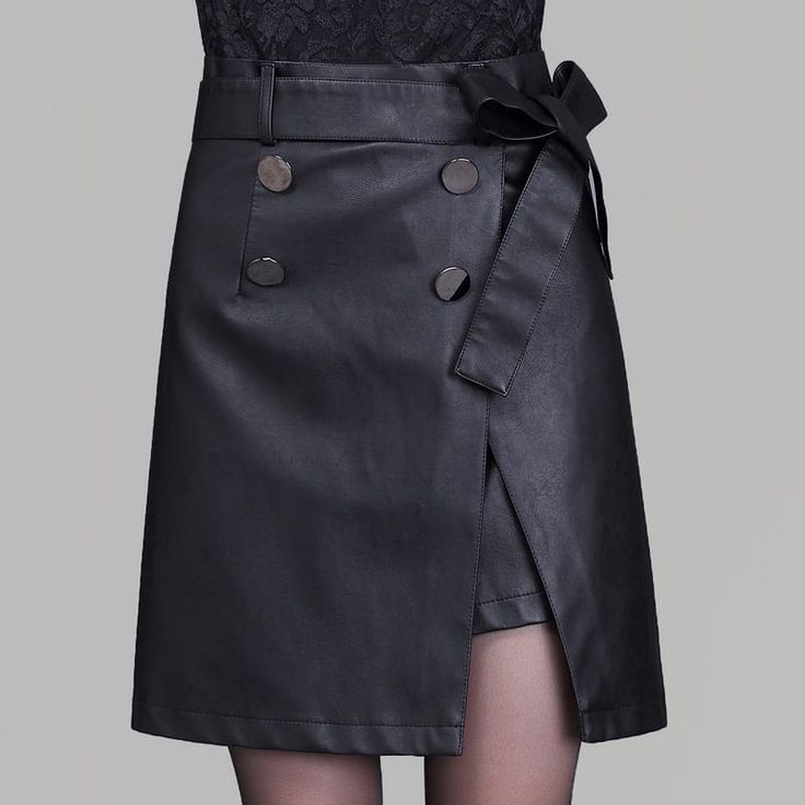 High Waist Black A-Line Double-Breasted Mini Skirt Winter Fashion Skirts, High Waisted Leather Skirt, Women's Winter Fashion, Skirts Pleated, Short Pollera, Skirt Styles, Unique Skirts, Pu Leather Skirt, Faux Leather Pencil Skirt