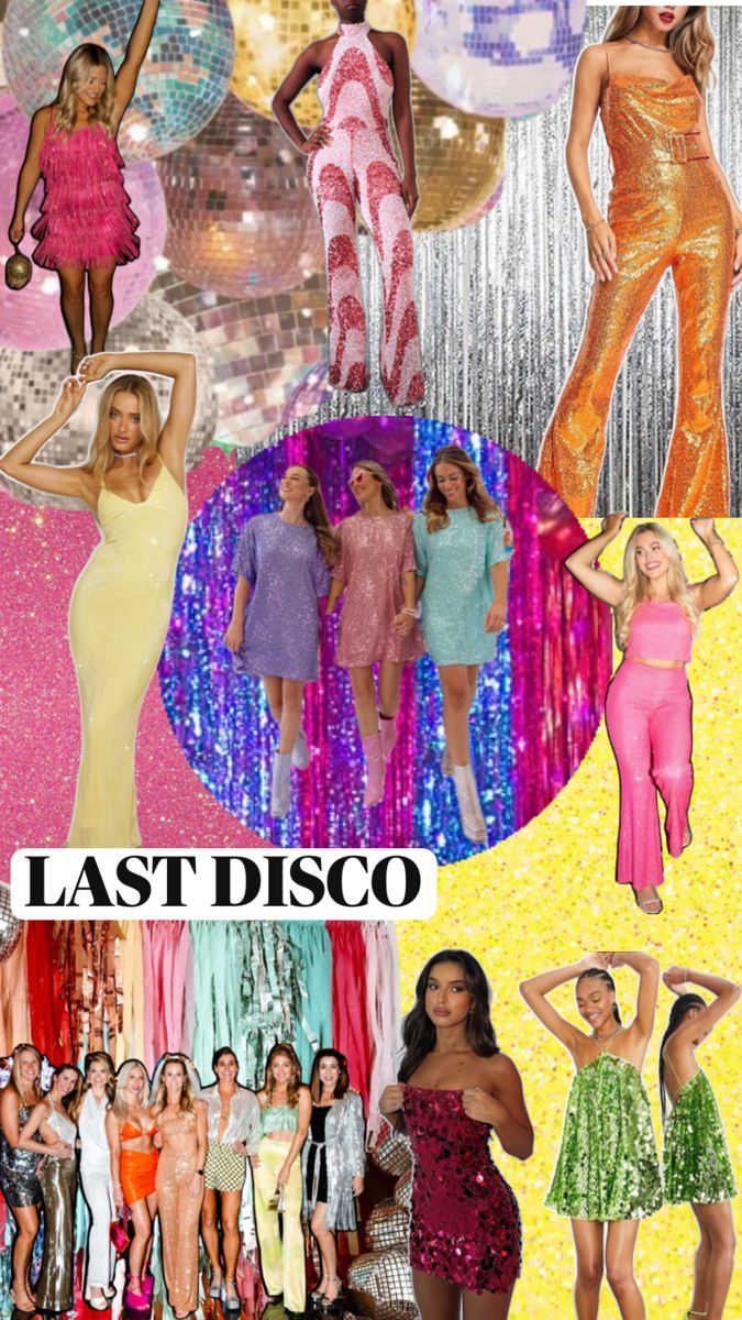 the last disco collage is shown with many different outfits and hair styles, including one woman