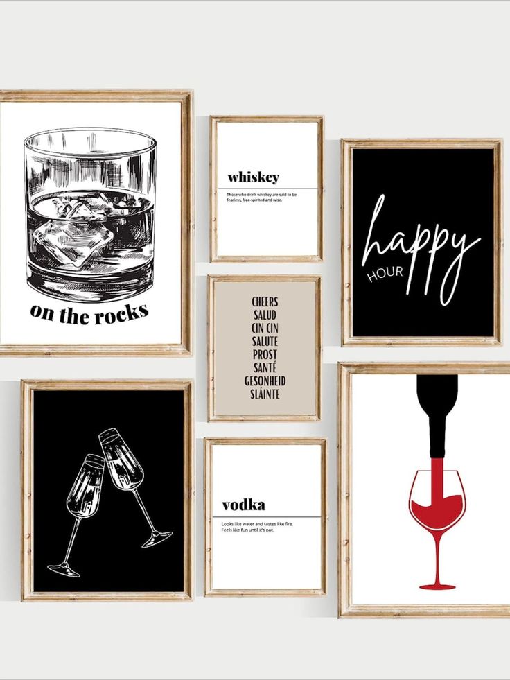 four black and white posters with wine glasses on them, one has a glass of red wine