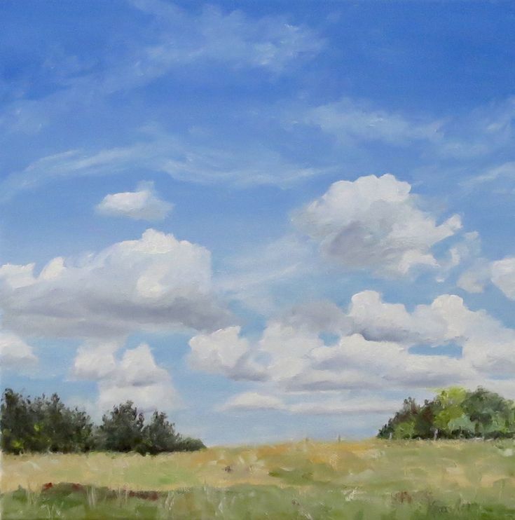 an oil painting of a field with trees and clouds in the background