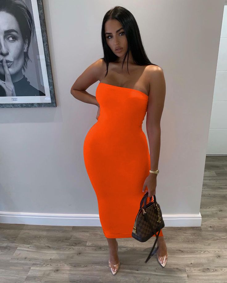 Women Solid Color Off The Shoulder Strapless Stretchy Bodycon Summer Tube Maxi Long Sexy Dress Trendy Strapless Bodycon Dress For Club, Orange Strapless Dress For Night Out, Solid Strapless Bodycon Dress For Night Out, Solid Strapless Bodycon Dress, Solid Color Bodycon Strapless Dress, Solid Color Bodycon Strapless Dress For Night Out, Bandeau Bodycon Tube Top For Club, Summer Tube, Slim Bodycon Dress