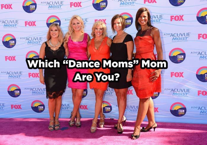 four women in dresses posing for a photo on the red carpet with text which dance moms'mom are you?