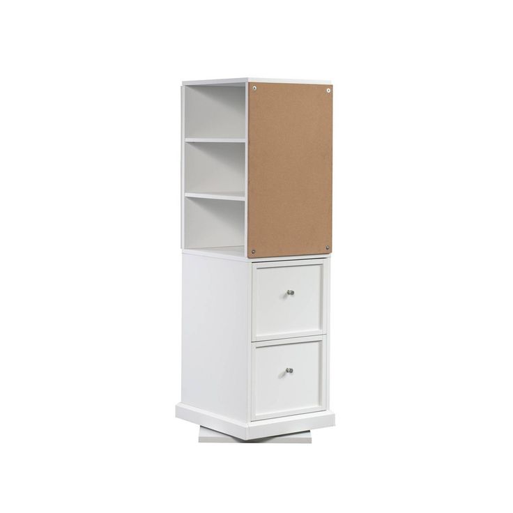 a tall white cabinet with two drawers and a cardboard box on the bottom shelf, against a white background