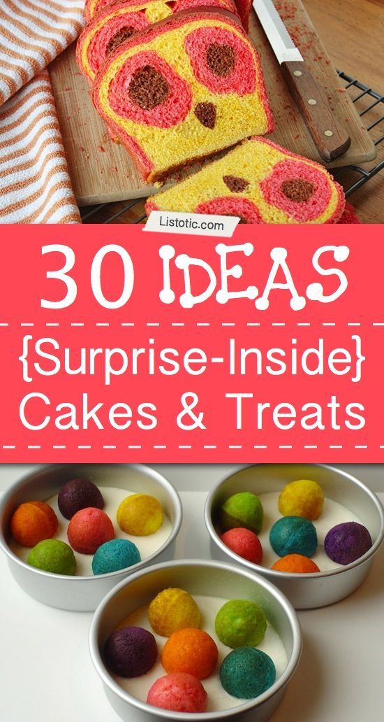 the cover of 30 ideas for surprise inside cakes and treats, with pictures of colorful candies in bowls