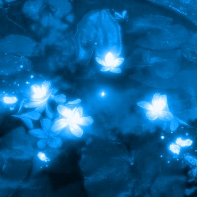 blue lights are shining in the water with flowers and leaves on it's surface