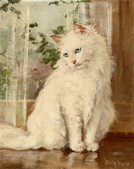 a painting of a white cat sitting in front of a window