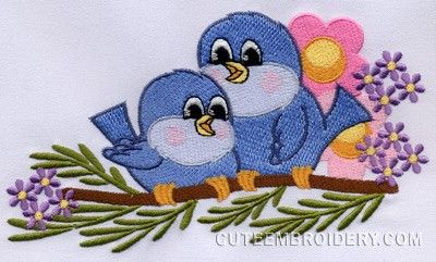 three blue birds are sitting on a branch with pink flowers and leaves in the background