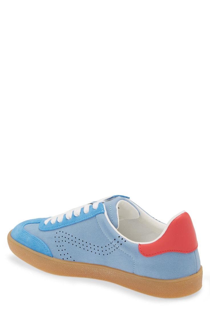 Bright and colorful blocking distinguishes an everyday sneaker built with a low profile for cool, casual style. Synthetic upper, lining and sole Imported Urban Blue Sneakers For Spring, Blue Sneakers With Contrast Sole In Athleisure Style, Casual Blue Sneakers With Vulcanized Sole, Retro Low-top Sneakers With Perforations, Casual Blue Mid-top Sneakers, Blue Retro Sneakers With Gum Sole, Retro Blue Sneakers With Gum Sole, Urban Blue Sneakers With Gum Sole, Leather Color Block Sneakers For Streetwear