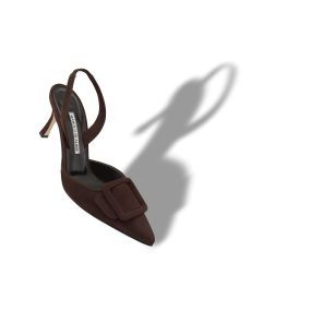 MAYSLI Luxury Suede Slingback Pumps With Heel Strap, Designer Pointed Toe Mules With 4-inch Heel, Designer Slingback Heels With Buckle Closure, Luxury Low Heel Slingback Pumps With Buckle Closure, Luxury Slingback Pumps With Buckle And Low Heel, Elegant Suede Slingback Sandals, Elegant High Heel Suede Slingback Sandals, Evening Heels With Tang Buckle And Open Heel, Luxury Low Heel Slingback Pumps With Buckle