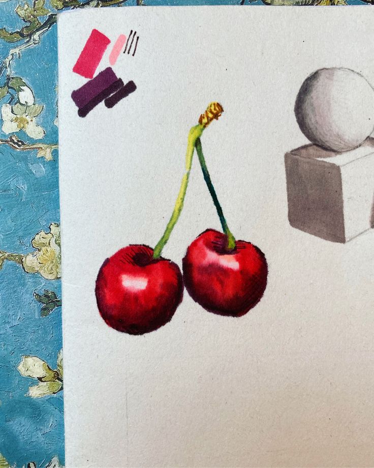 a painting of two cherries and an egg on a white paper with blue background