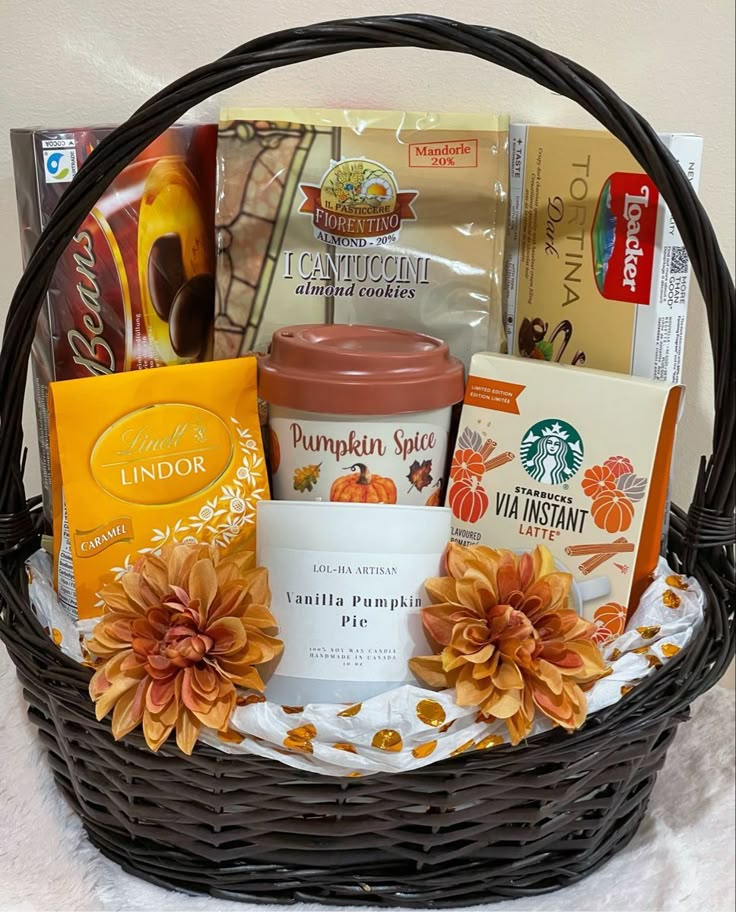 a basket filled with coffee and snacks