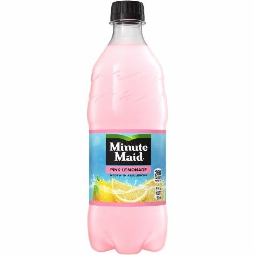 a bottle of pink lemonade is shown on a white background with the words minute maid