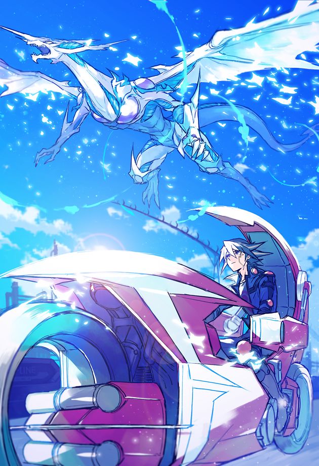 an anime character riding on the back of a car with another character flying above it