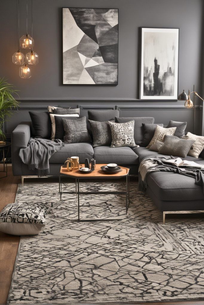 a living room filled with furniture and pillows on top of a wooden floor next to a rug