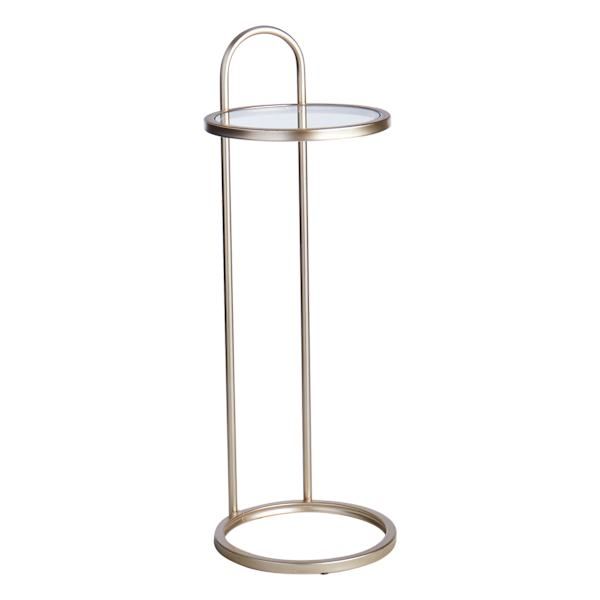 a round metal stand with a glass top