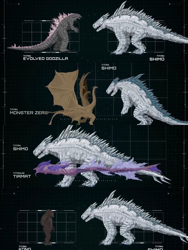 the godzillas are all different colors and sizes