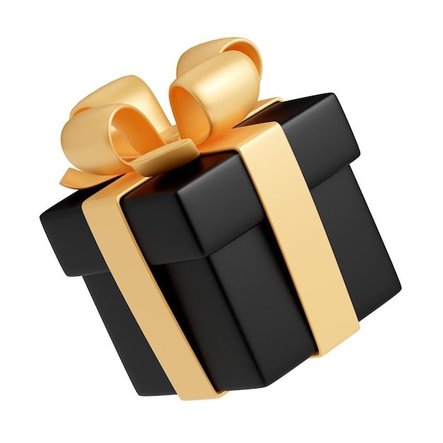 a black and gold gift box with a bow on it's side, isolated against a white background