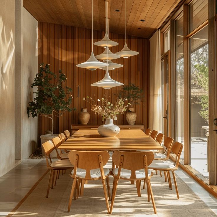 a dining room table with chairs and vases hanging from it's center point