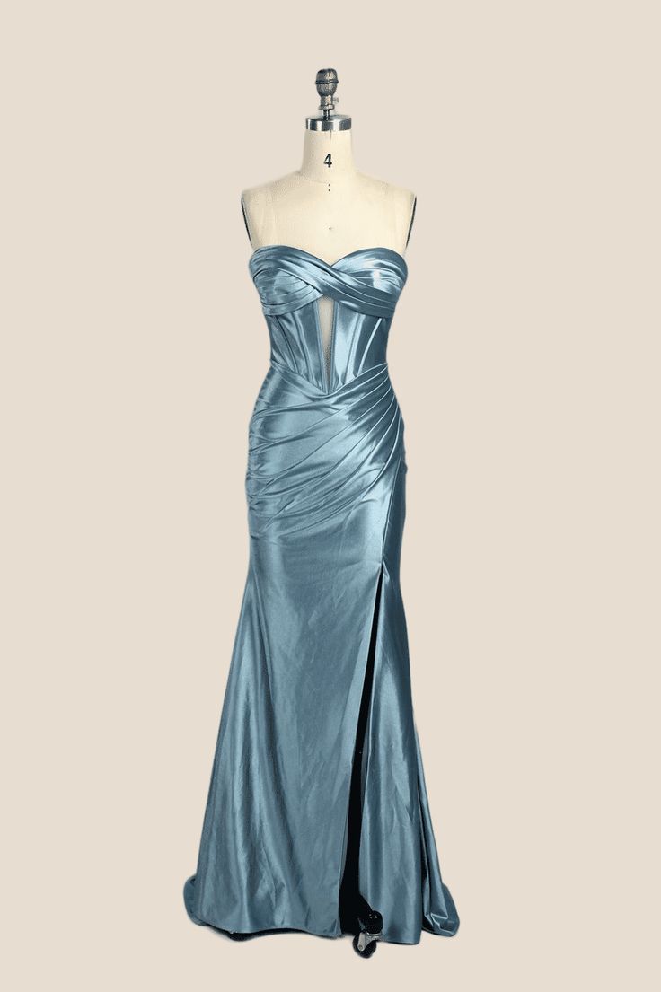 Silk Dresses For Prom, Pre-draped Ruched Evening Dress With Sweetheart Neckline, Pre-draped Ruched Gown With Fitted Bodice, Formal Satin Strapless Dress With Ruched Detail, Formal Ruched Strapless Satin Dress, Elegant Ruched Mermaid Dress For Prom, Satin Strapless Dress With Fitted Bodice For Prom, Ruched Satin Strapless Dress For Gala, Pre-draped Strapless Dress With Pleated Bodice For Prom