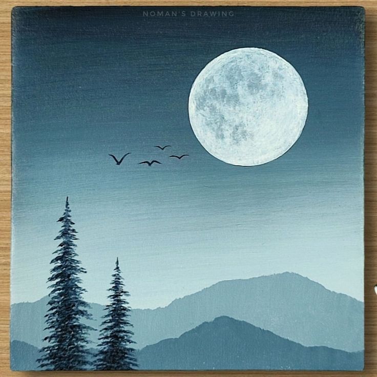 an acrylic painting of trees and birds flying in front of a full moon