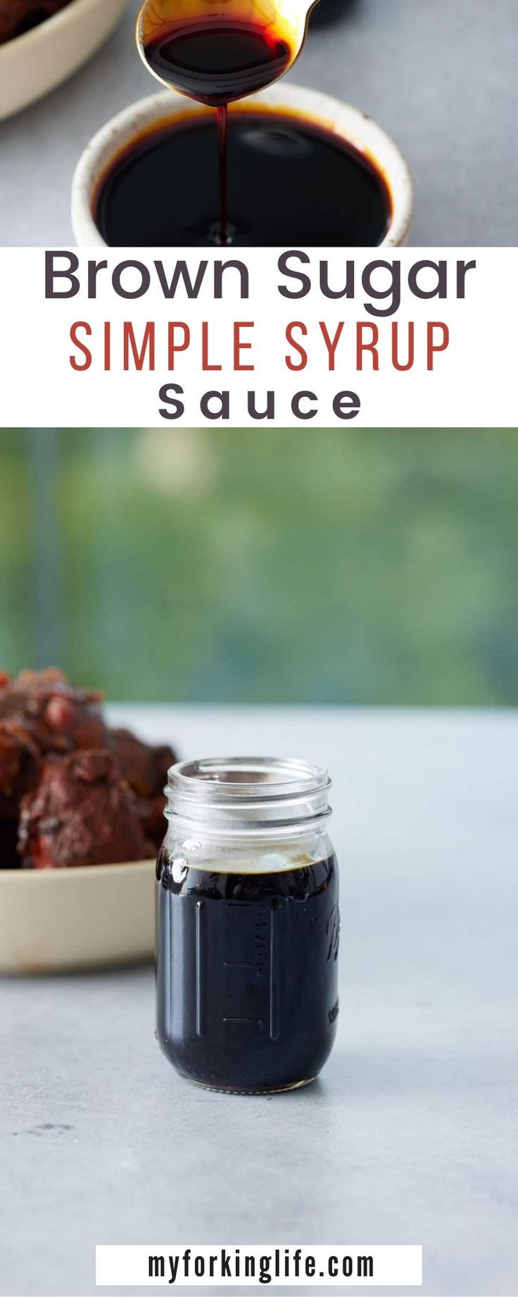 brown sugar syrup in a glass jar next to a bowl of sauce on a table