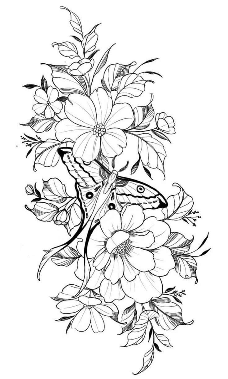 a black and white drawing of flowers with butterflies on it's wings, in the middle