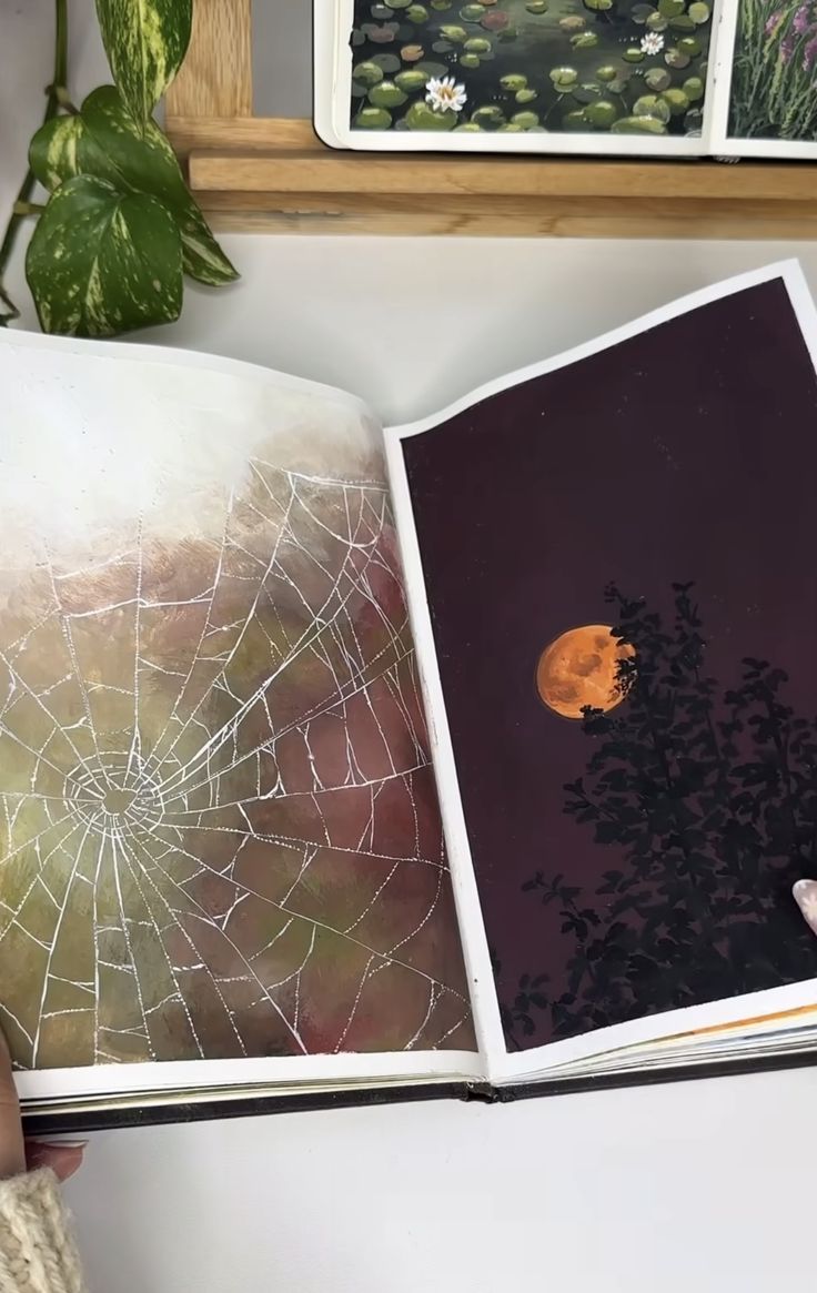 a person holding an open book with a spider web on the pages and a full moon in the background