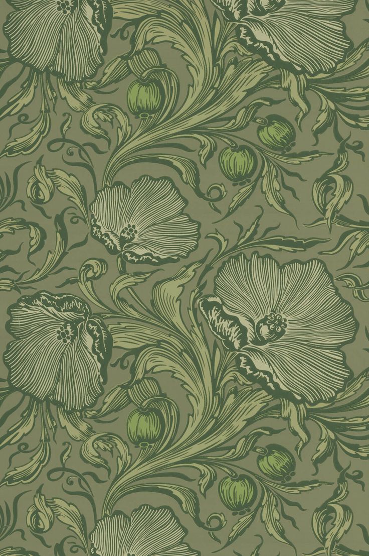 a green wallpaper with flowers and leaves on it