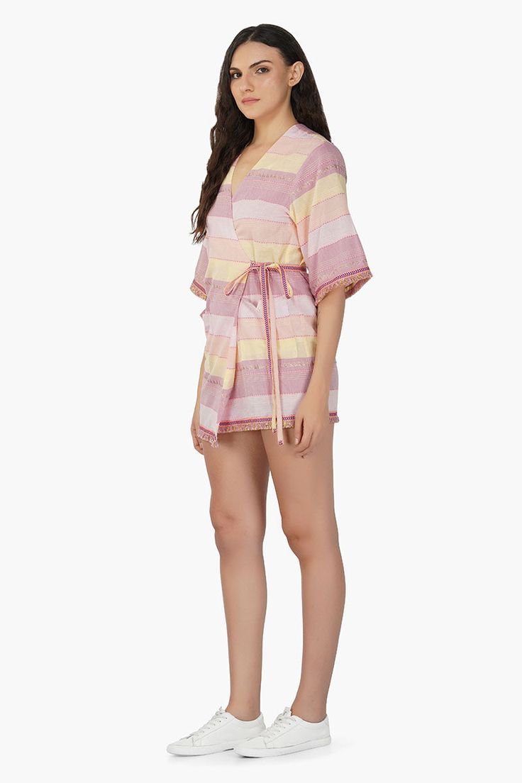 Made in Cotton Yarn Dyed Fabric Wrap Cover-Up Short Robe Waist Tie-Up Fringed Hemline Comfortable Fit Get ready to wrap yourself in summer fun with the Noah Stripe Cover Up! This adorable wrap cover-up short robe is a colorful celebration of summer, featuring a delightful mix of soft pastel pink and bright butter yellow stripes on 100% cotton fabric.The fringed hemline adds a playful flourish, while the adjustable waist tie ensures a comfortable and flattering fit that's perfect for any body. Wh Spring Beach Party Cover-up With Tie Waist, V-neck Beach Sleepwear For Summer, Multicolor Wrap Robe For Loungewear, Pink Summer Loungewear Cover-up, Multicolor Wrap Robe For Vacation, Summer Bohemian Robe With Tie Waist, Summer V-neck Beachwear Robe, Spring Cotton Cover-up For Beach Party, Spring Beach Party Cotton Cover-up