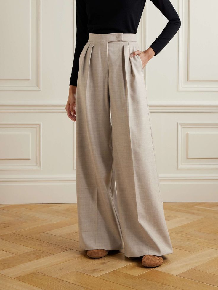 MAX MARA Entrata pleated wool wide-leg pants Chic Beige Wide Leg Pants For Evening, Max Mara Pants, Beige Wide-leg Pants For Evening, Chic Semi-formal Pantsuit With Structured Boning, Beige Pants For Spring Evening, Chic Fall Pantsuit With Structured Boning, Chic Pantsuit With Structured Boning For Fall, Luxury Wide Leg Pants With Pressed Crease, Beige Wide Leg Bottoms For Evening