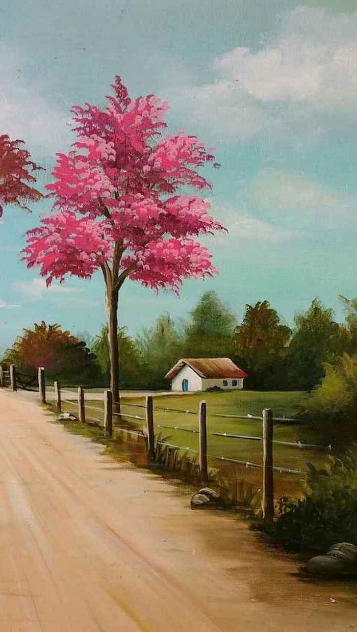 a painting of a country road with a pink tree