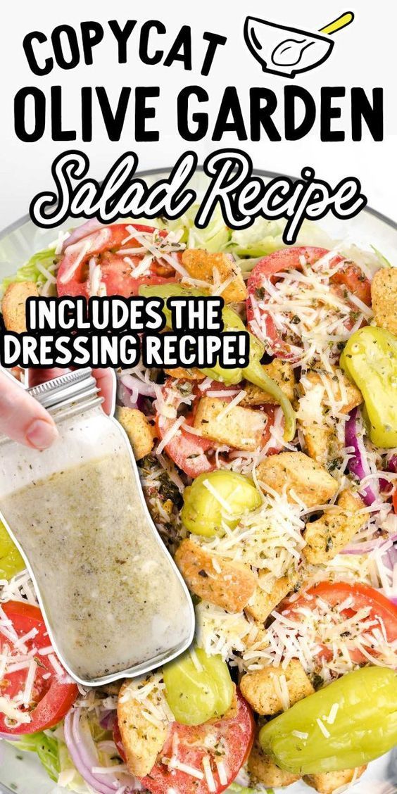 an image of a salad with dressing being drizzled over it and the words copycat olive garden salad recipe