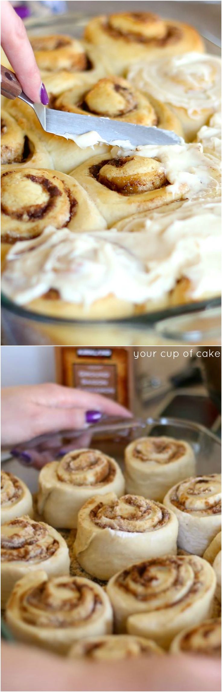 a person cutting up some cinnamon rolls on top of a glass plate with a knife