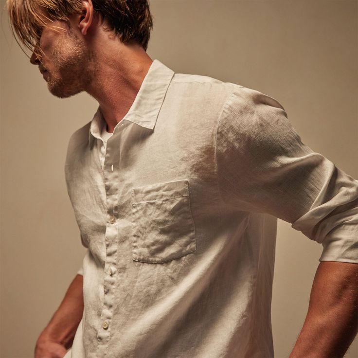 Our Revised Linen Shirt is made in our classic lightweight linen that is breathable and soft. Style details include a shirt collar, button front closure, full length sleeves with placket at cuffs, back yoke, chest pocket, shirttail hem. Garment dyed. Relaxed fit.Additional Information:• 100% Linen • Machine wash cold, tumble dry low Styled With:• MKOH1406 - Relaxed Linen Pant ﻿• MNL3633 - LA Skate Tank﻿• SMTSU8360 - Men's Suede Flip Flop Linen Pant, Men Suede, Male Body, Shirt Collar, Soft Style, Linen Pants, Shirt White, Linen Shirt, Flip Flop