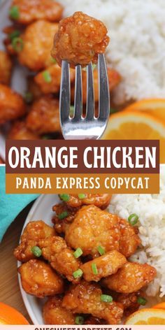 orange chicken served on a plate with rice and garnish