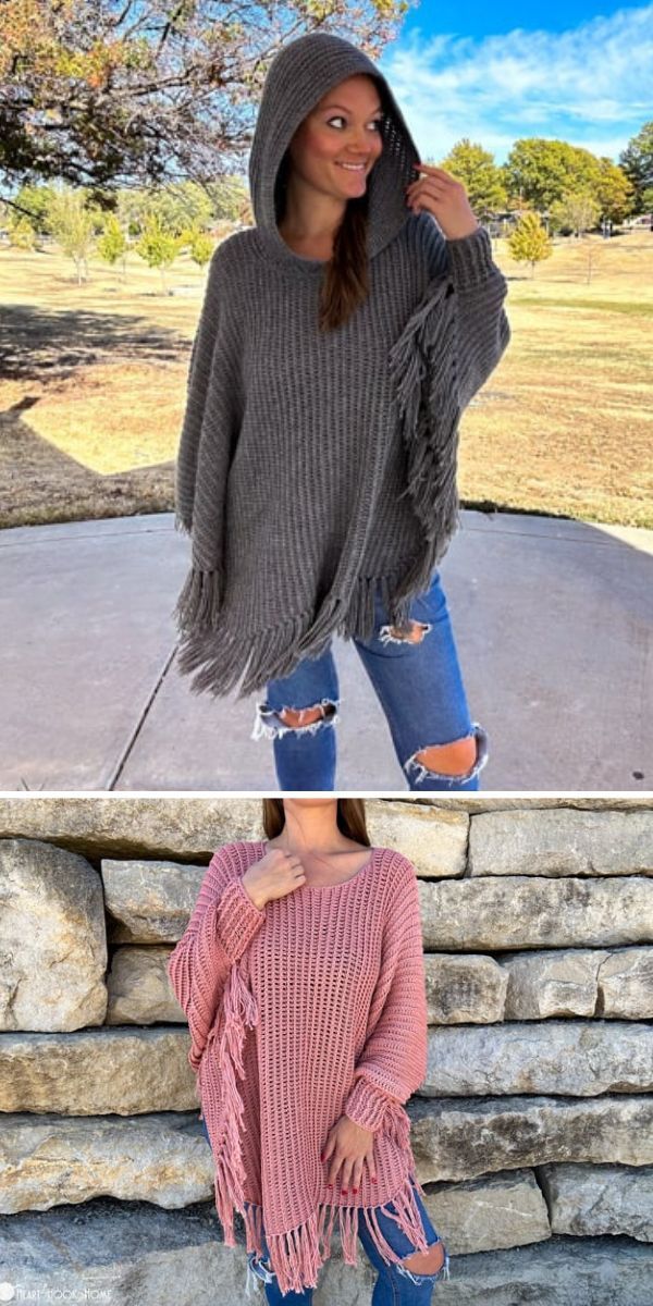 two pictures of the same woman in different outfits, one is wearing a sweater and the other has ripped jeans