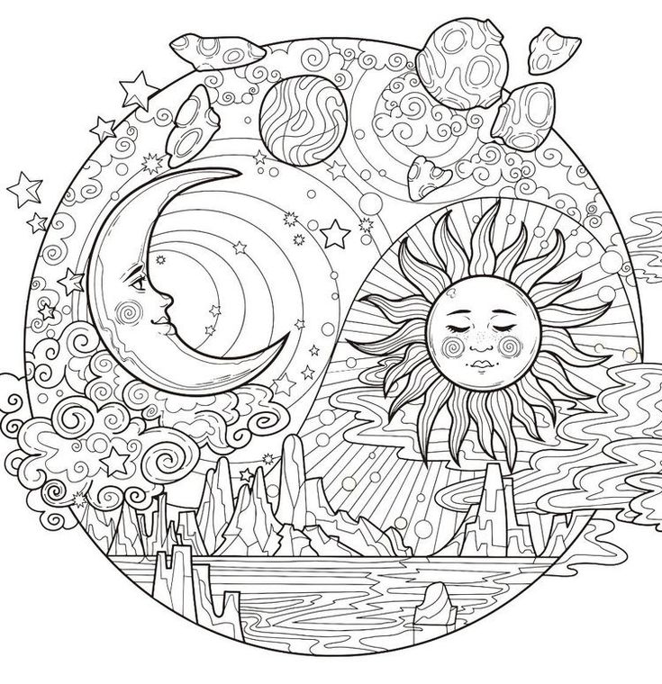 the sun and moon are surrounded by clouds, stars, and swirls in this coloring page